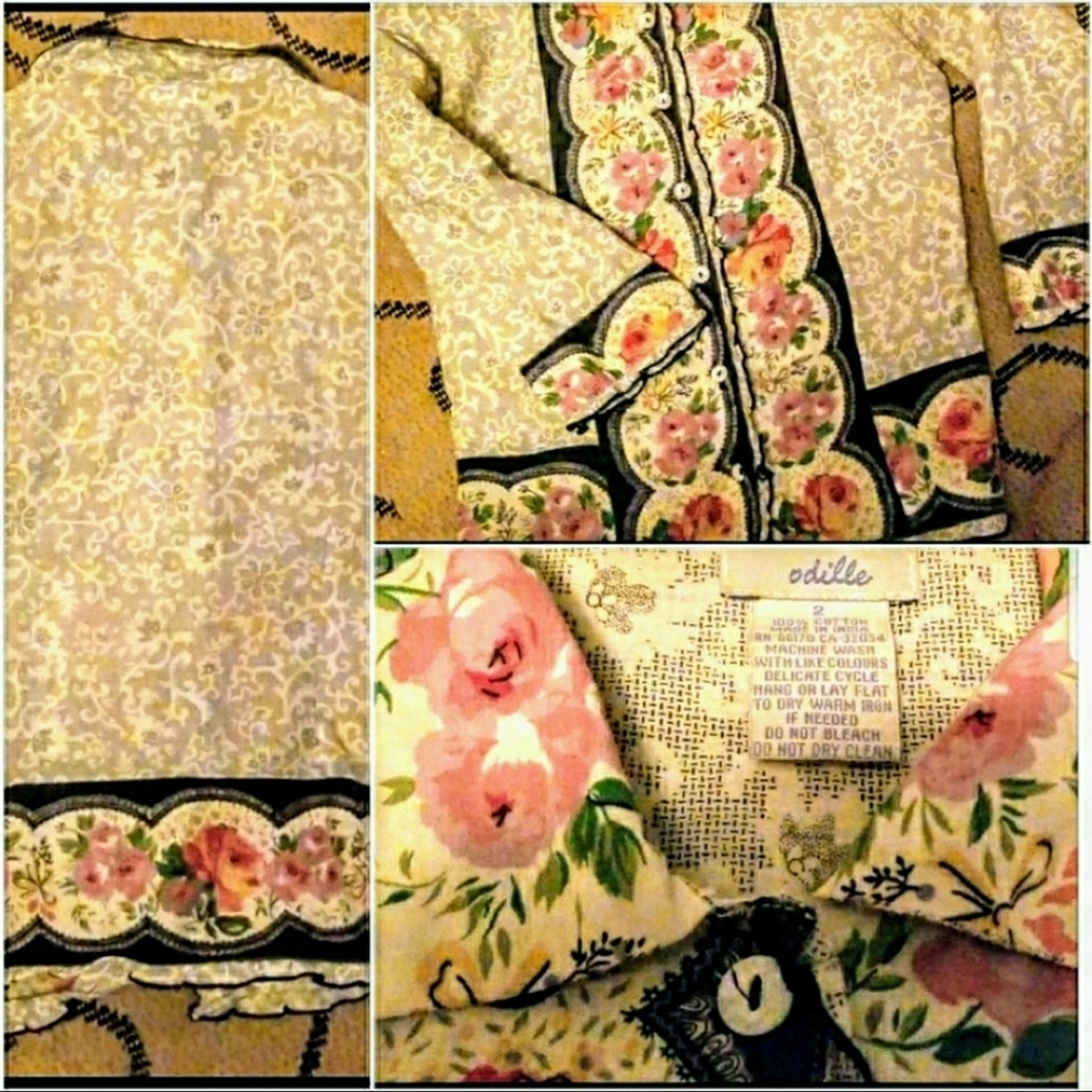 Anthropologie Floral Embroidered Cream and Black Blouse